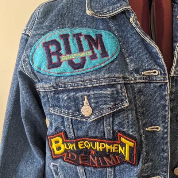 Vintage 90s BUM Equipment patch denim jacket size small blue jeans patches - Picture 2 of 5